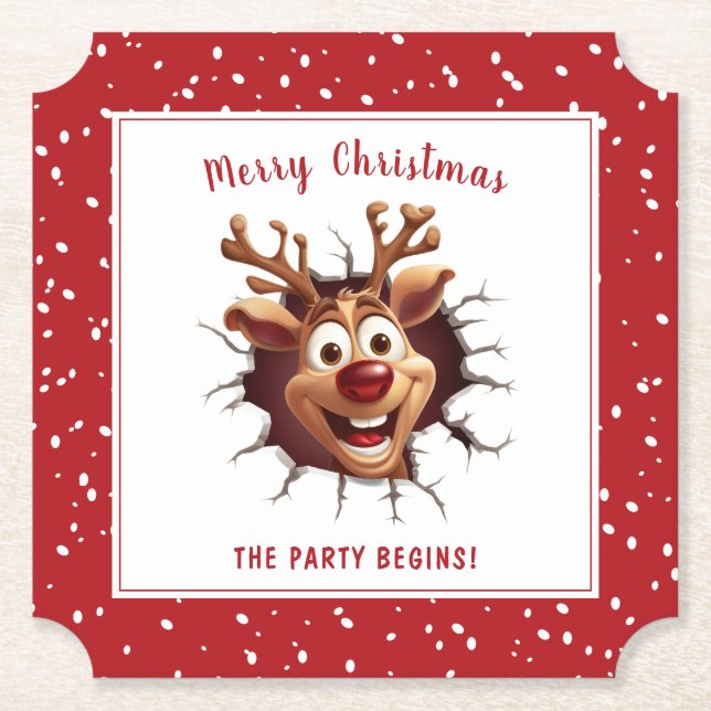 Funny Rudolph breaking through Text Christmas Paper Coaster (Front)