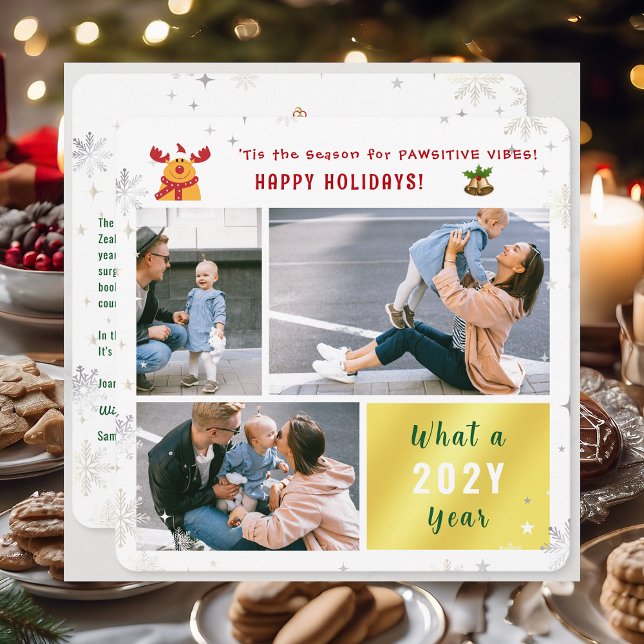 Funny Rudolph Cute Happy Holidays 3 Photos Collage Holiday Card (Cute Funny Elegant Rudolph 'Tis the Season Pawsitive Vibes Happy Holidays 3 Photos Snowflakes Letter)