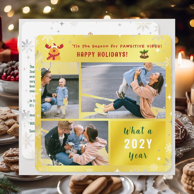 Funny Rudolph Cute Happy Holidays Golden 3 Photo Holiday Card (Cute Funny Elegant Rudolph 'Tis the Season Pawsitive Vibes Happy Holidays 3 Photos Snowflakes Golden)