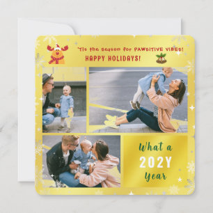 Funny Rudolph Cute Happy Holidays Golden 3 Photos Holiday Card