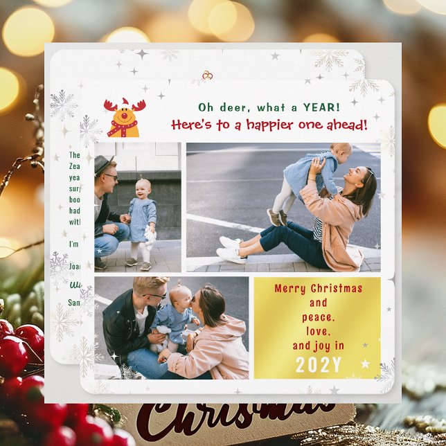 Funny Rudolph Oh Deer Peace Love Joy 3 Photos Cute Holiday Card (Cute Funny Rudolph Oh Deer What a Year Merry Christmas 3 Photos Peace Love Joy Elegant Xmas Letter)