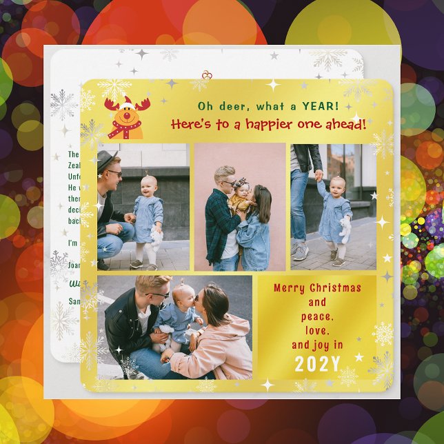 Funny Rudolph Oh Deer Peace Love Joy Golden Photo Holiday Card (Funny Cute Rudolph Oh Deer What a Year Merry Christmas Happy New Year 4 Photos Letter Elegant Golden)