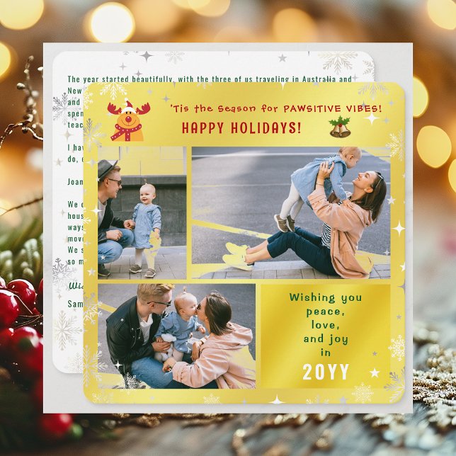 Funny Rudolph Peace Love Joy 3 Photos Cute Golden Holiday Card (Elegant Golden Cute Funny Pawsitive Vibes Rudolph Happy Holidays 3 Photos Peace Love Joy Snowflakes)