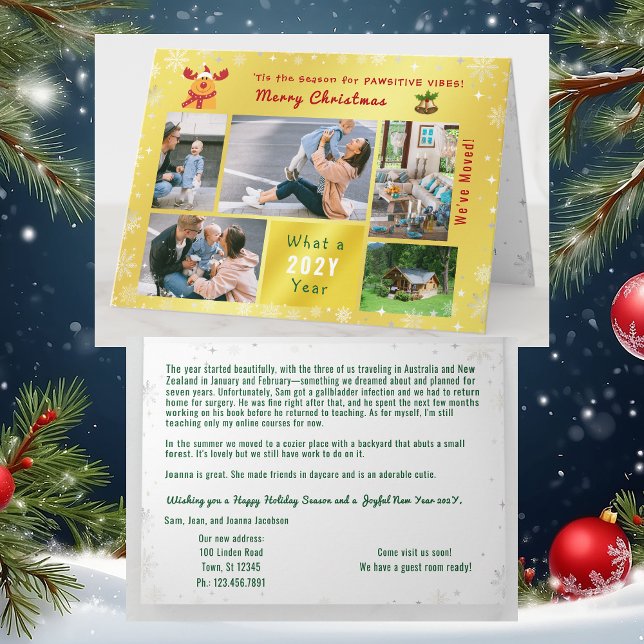 Funny Rudolph We've Moved 5 Photos Elegant Golden Holiday Card (Funny Rudolph Pawsitive Vibes We've Moved Christmas Card. 5 Photos. Elegant, golden. Festive Snow)