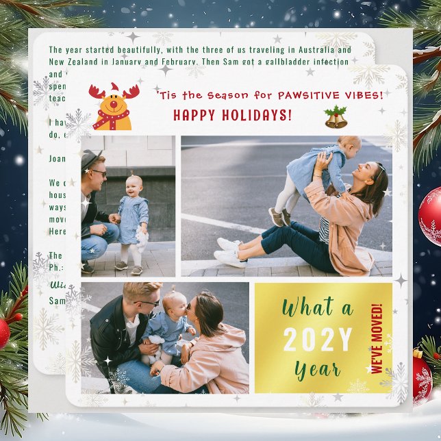 Funny Rudolph We've Moved Happy Holidays 3 Photos Holiday Card (Funny Rudolph Pawsitive Vibes We've Moved Holidays Card. 3 Photos. Elegant modern cute. Snowflakes)