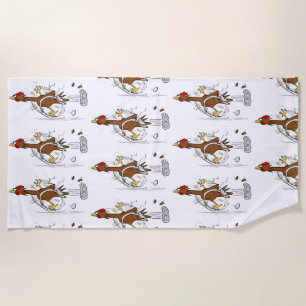 Funny running cool chicken cartoon illustration beach towel