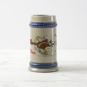 Funny running cool chicken cartoon illustration beer stein
