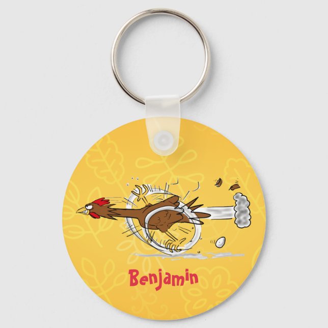 Funny running cool chicken cartoon illustration key ring (Front)
