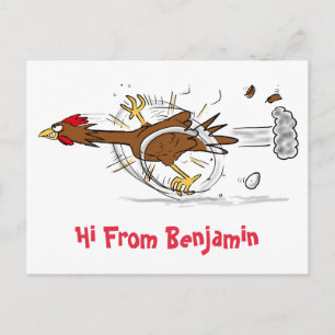 Funny running cool chicken cartoon illustration postcard