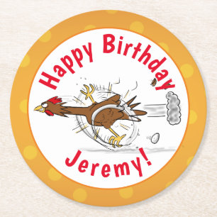 Funny running cool chicken cartoon illustration round paper coaster
