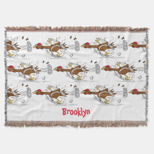 Funny running cool chicken cartoon illustration throw blanket