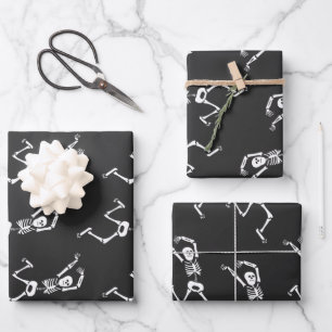 Funny Running Skeleton Black and White Halloween Wrapping Paper Sheet