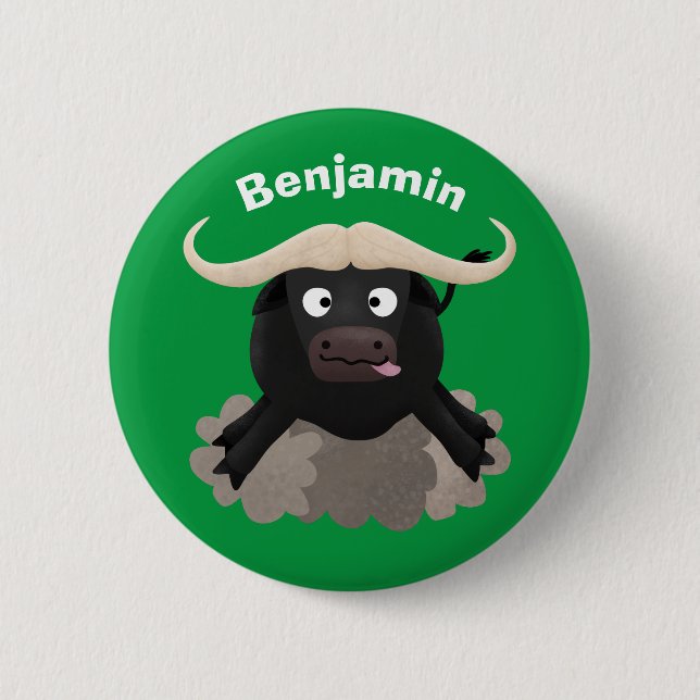 Funny running water buffalo cartoon 6 cm round badge (Front)