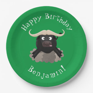 Funny running water buffalo cartoon paper plate