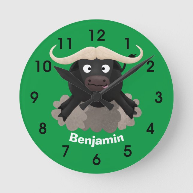 Funny running water buffalo cartoon round clock (Front)