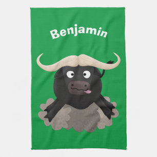 Funny running water buffalo cartoon tea towel