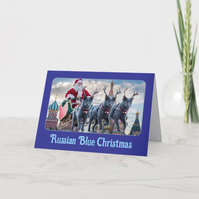 Funny Russian Blue Cat Christmas Card (Front)