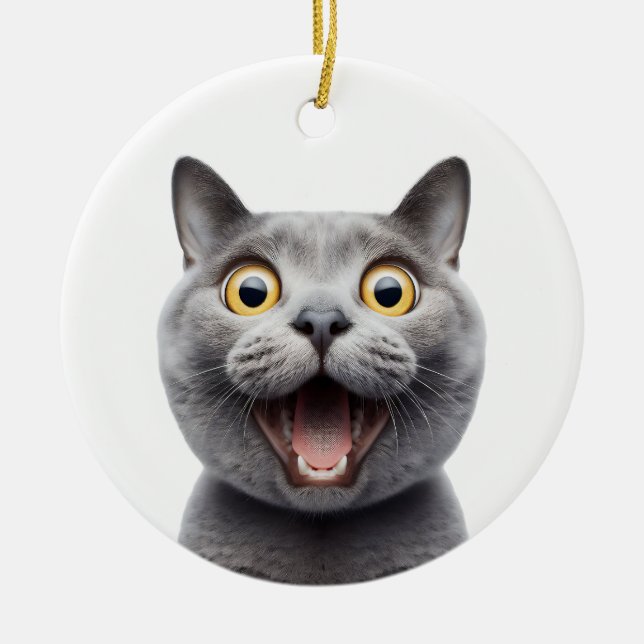 FUNNY RUSSIAN BLUE GRAY CAT SURPRISED CAT FACE CERAMIC TREE DECORATION (Front)