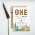 Funny Rustic One Happy Camper Retirement Invitation<br><div class="desc">This fun rustic invitation has a wood panelled "ONE" and happy camper. The bottom has a watercolor forest,  mountains and scenery. It is finished by the tan,  green and brown camping items which include a tent and fireplace. The back has a pattern of the same watercolor tent.</div>