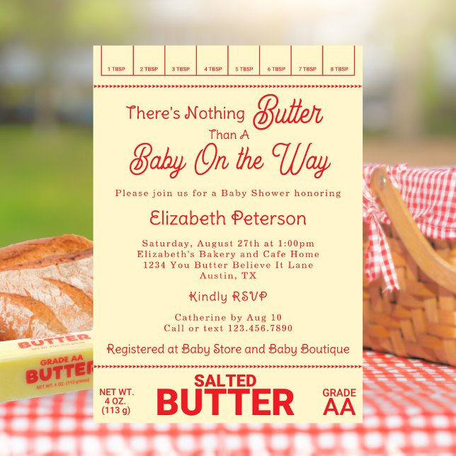 Funny Rustic Red Gingham Butter Themed Baby Shower Invitation (Creator Uploaded)