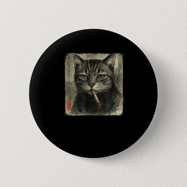 Funny Sad Cat Smoking Cigarette Meme Lover Sumi-e  6 Cm Round Badge (Front)