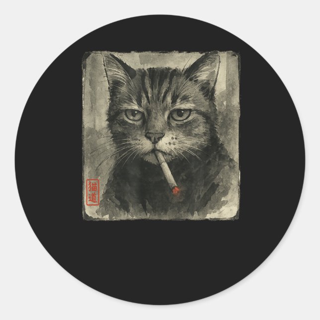 Funny Sad Cat Smoking Cigarette Meme Lover Sumi-e  Classic Round Sticker (Front)