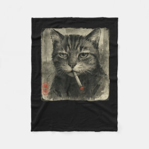 Funny Sad Cat Smoking Cigarette Meme Lover Sumi-e  Fleece Blanket