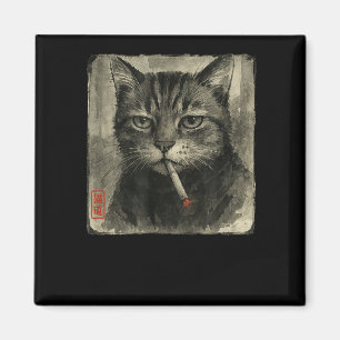 Funny Sad Cat Smoking Cigarette Meme Lover Sumi-e  Magnet