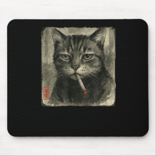 Funny Sad Cat Smoking Cigarette Meme Lover Sumi-e  Mouse Pad