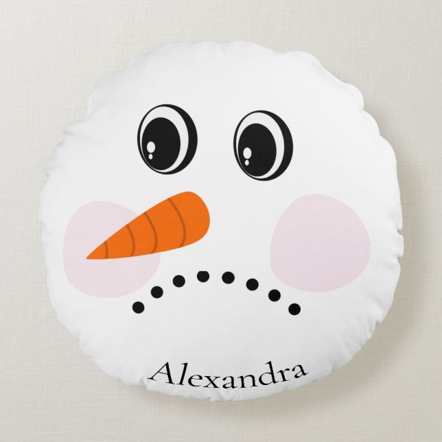 Funny Sad / Happy Snowman Face Monogrammed Name Round Cushion (Front)