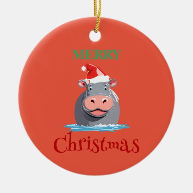 Funny Safari animals HIPPO Santa Christmas Costume Ceramic Tree Decoration (Front)