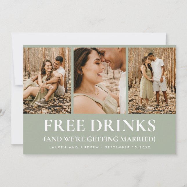 Funny Sage Green Free Drinks Modern Photo Wedding  Save The Date (Front)