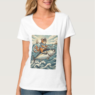 Funny Sailor Cat Riding Tuna Fish Vintage T-Shirt