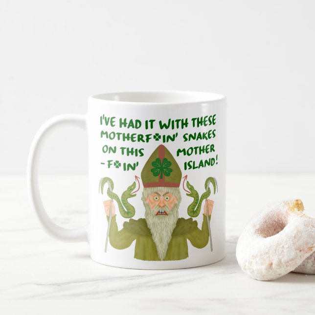 Funny Saint Patrick's Day Snakes Joke Green Irish Coffee Mug (With Donut)