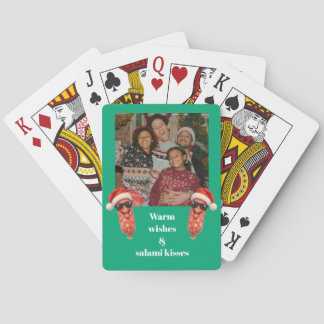 Funny salami kisses family photo Christmas Playing Cards