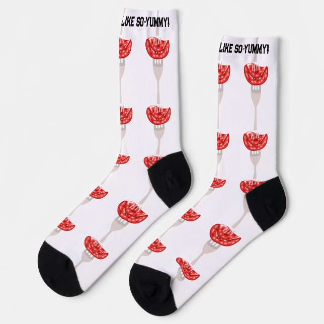 Funny salami slice on a fork Salami Day Socks (Left)