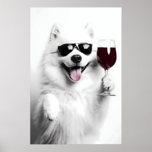 Funny Samoyed Dog Drinking Wine Art Print (Digital