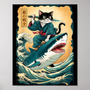 Funny Samurai Cat Riding Shark Vintage Cat Anime B Poster