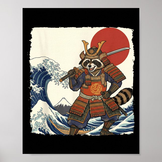 Funny samurai racoon japanese warrior &amp; art poster (Front)