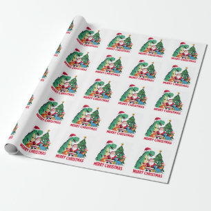 Funny Santa and Dinosaurs by the Christmas Tree Wrapping Paper