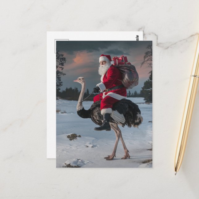 Funny Santa and Ostrich Christmas Snow Postcard (Front/Back In Situ)