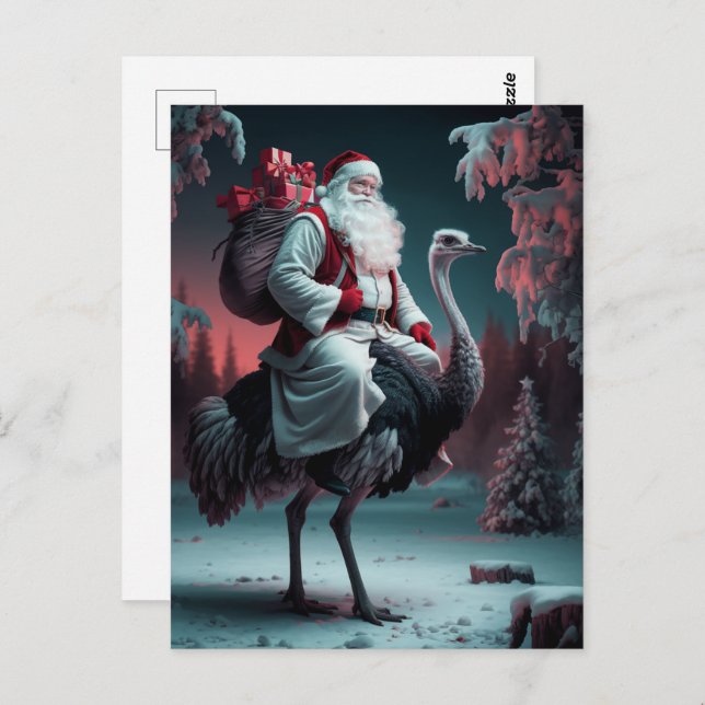 Funny Santa and Ostrich Christmas Snow Postcard (Front/Back)