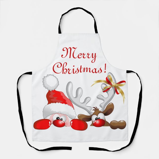 Funny Santa and Reindeer Cartoon    Apron (Front)