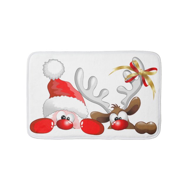 Funny Santa and Reindeer Cartoon      Bath Mat (Front)