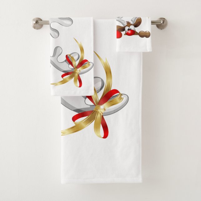 Funny Santa and Reindeer Cartoon     Bath Towel Set (Insitu)