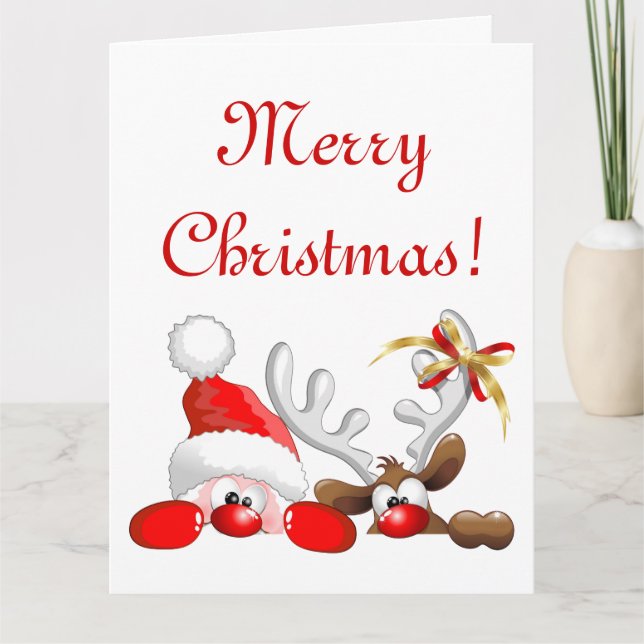 Funny Santa and Reindeer Cartoon        Card (Front)