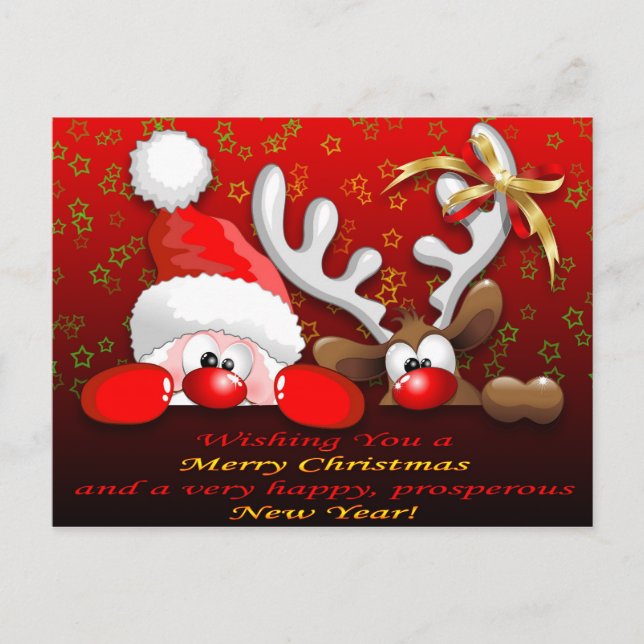 Funny Santa and Reindeer Cartoon Christmas Postcar Holiday Postcard (Front)