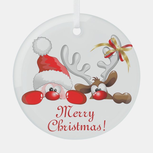 Funny Santa and Reindeer Cartoon       Glass Tree Decoration (Front)