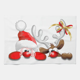 Funny Santa and Reindeer Cartoon kitchen towel