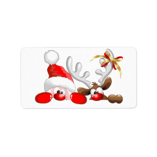 Funny Santa and Reindeer Cartoon Label